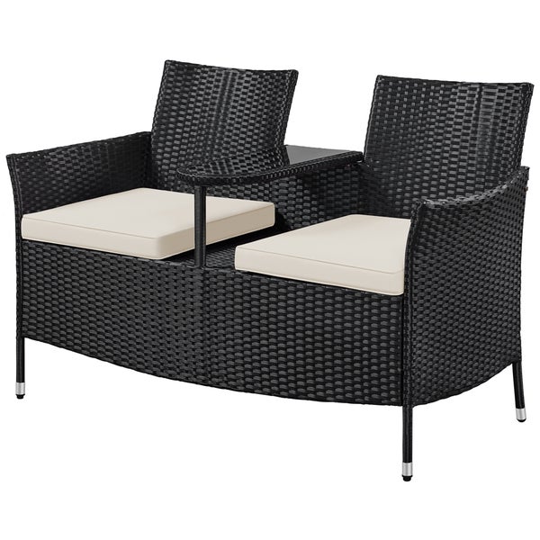 Gartenbank für zwei Personen mit Tisch aus Polyrattan und Sitzkissen