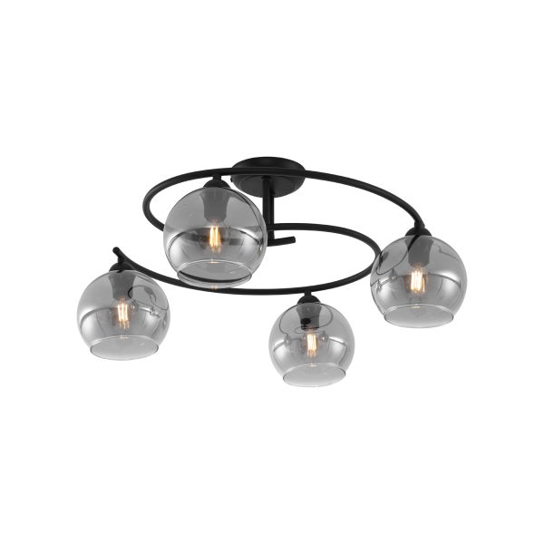 Deckenleuchte 4-flammig, schwarzes Metallgestell in Spiralform mit rauchfarbenen Glasschirmen.