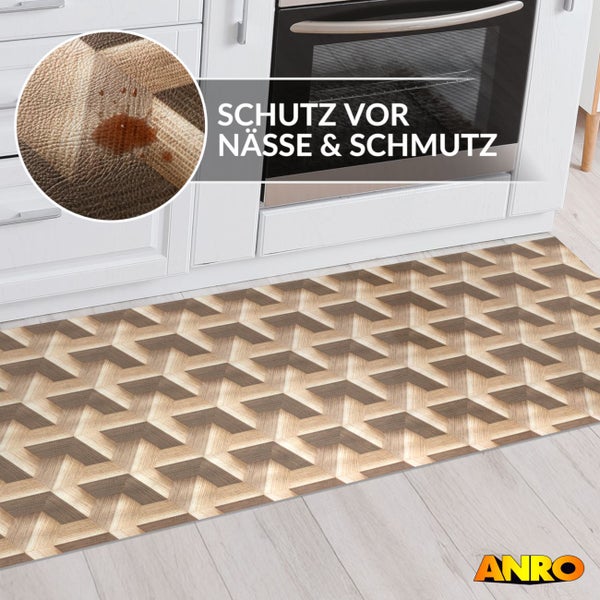 Küchenläufer mit geometrischem dreidimensionalem Muster in einer Küche, wasserabweisende Oberfläche, ANRO Logo.