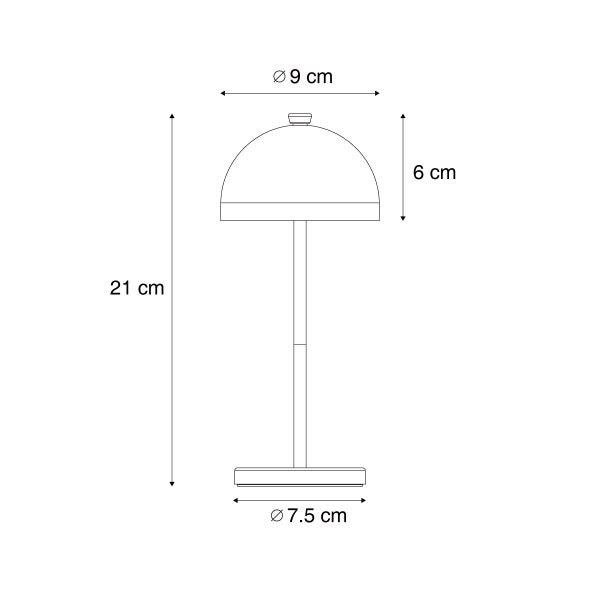 Maßzeichnung einer Tischleuchte: Höhe 21 Zentimeter, Schirmdurchmesser 9 Zentimeter, Schirmhöhe 6 Zentimeter und Fußdurchmesser 7,5 Zentimeter.