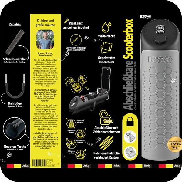 BeeMyBox® 2.0 Scooterbox abschließbar | Integriertes Zahlenschloss | E-Roller Tasche Abschließbar | Made in Germany | bekannt aus Die Höhle Der Löwen
