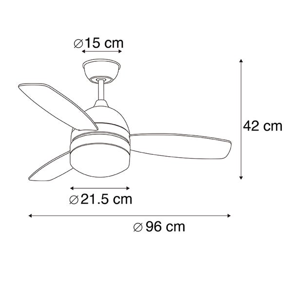 Technische Zeichnung mit Maßangaben eines Deckenventilators mit drei Flügeln und Leuchte.