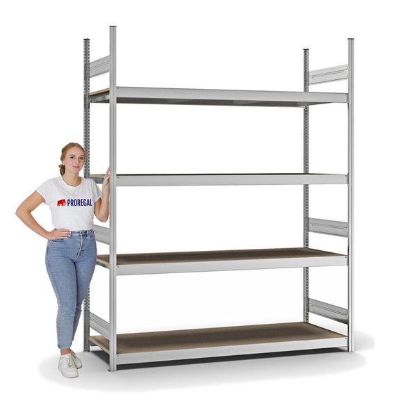 PROREGAL Weitspannregal Stecksystem T-Profil Grundregal HxBxT 250x200x60 cm 4 Ebenen Spanplatten Fachboden Fachlast 350 kg Verzinkt