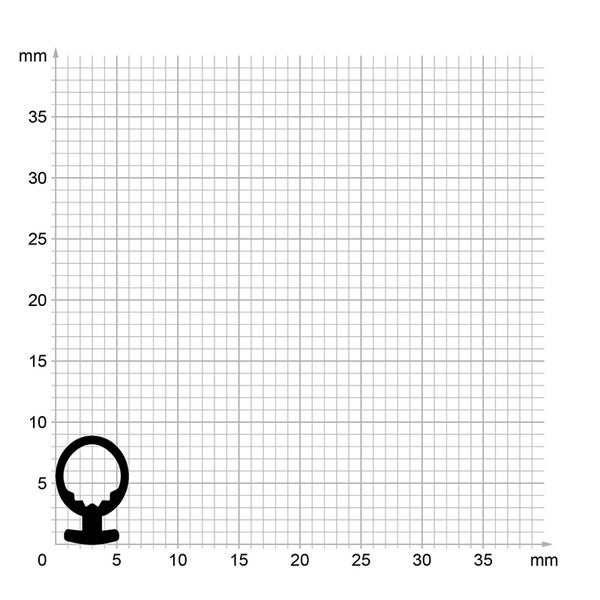 Querschnittsprofil einer Gummidichtung auf einem Millimeterpapier zur Veranschaulichung der Maße.