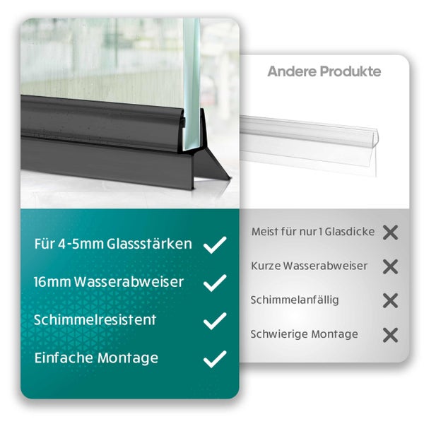 Schwarze Duschdichtung für 4 bis 5 Millimeter Glas mit 16 Millimeter Wasserabweiser, schimmelresistent und einfach zu montieren im Produktvergleich.