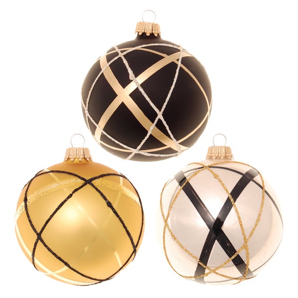 Elfenbein/Schwarz/Gold 8cm Glaskugel mundgeblasen, handbemalt , 3 Stck., Weihnachtsbaumkugeln, Christbaumschmuck, Weihnachtsbaumanhänger