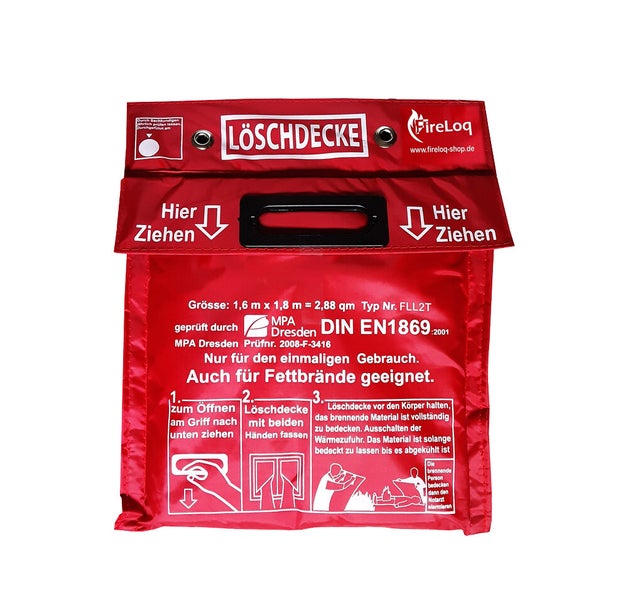 Rote Löschdecke mit Anweisungen und FireLoq Logo