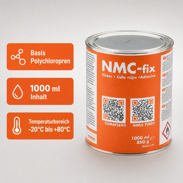 Dose NMC fix Kleber mit eintausend Milliliter Inhalt auf Basis von Polychloropren für einen Temperaturbereich von minus zwanzig bis achtzig Grad.