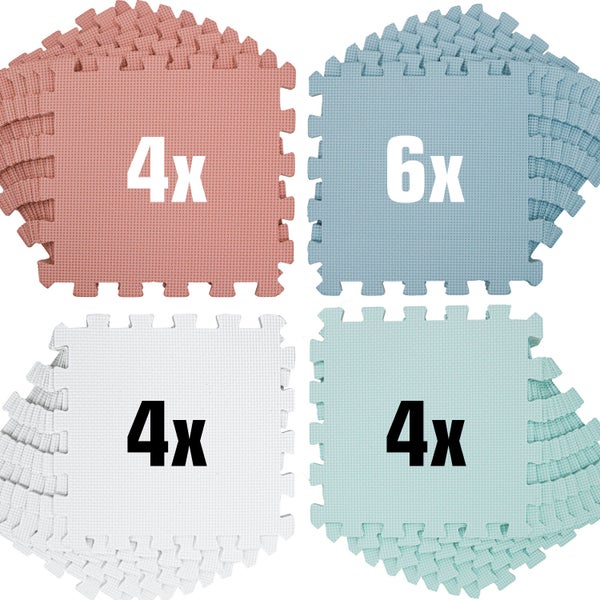 Set aus Schaumstoffmatten bestehend aus 4 rosa, 6 blauen, 4 weißen und 4 mintgrünen Puzzleteilen zum Ineinanderstecken.