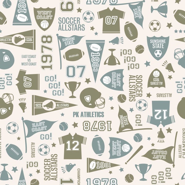 Muster mit Sportmotiven wie Fußbälle, Trikots und Wimpel