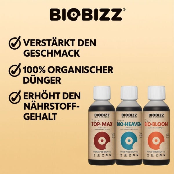 Biobizz Logo mit drei Flaschen Biobizz Dünger, der den Geschmack verstärkt, 100 Prozent organisch ist und den Nährstoffgehalt der Pflanzen erhöht.