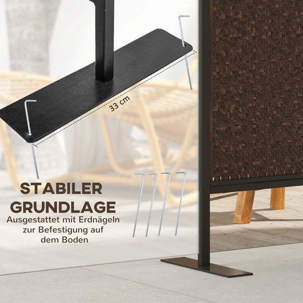 Outsunny Paravant, Garten Raumteiler mit Rattanoptik, 148 x 181 cm, Stahl, Dunkelbraun