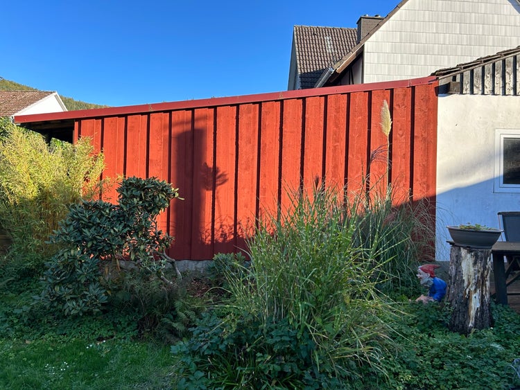 Garten mit einer großen roten Holzwand als Sichtschutz, verschiedenen Pflanzen wie Ziergräsern und einem kleinen Baum sowie einem Gartenzwerg.