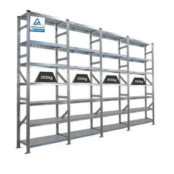 Regal mit TÜV Rheinland Zertifizierung und Gewichten von 200 Kilogramm