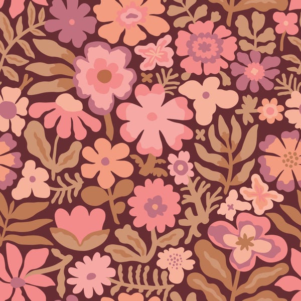 Vliestapete mit floralem Retro-Muster, verschiedene Blumen und Blätter.
