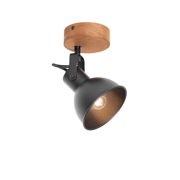 Deckenleuchte mit Holzsockel und verstellbarem, schwarzem Lampenschirm