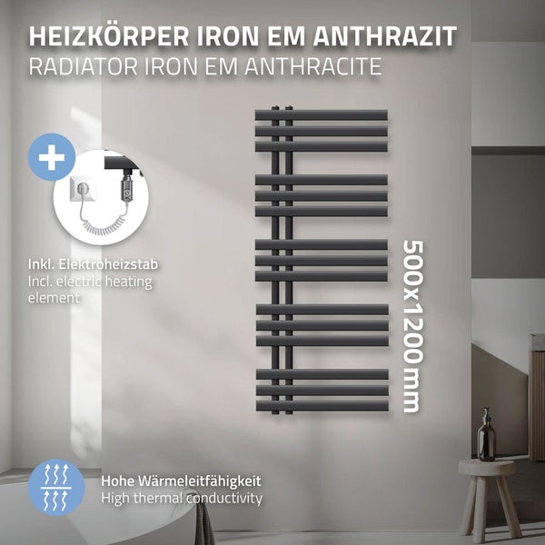 ECD Germany Iron EM Design Badheizkörper Elektrisch mit Heizstab 1200 W - 500 x 1200 mm - Anthrazit - Designheizkörper Paneelheizkörper Heizkörper Handtuchwärmer Handtuchtrockner