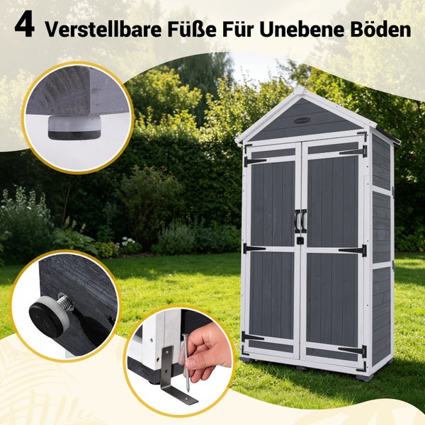 Grauer Geräteschrank aus Holz mit zwei Türen und Detailansichten der vier verstellbaren Füße für unebene Böden im Garten.