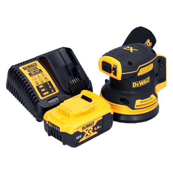 DeWalt Akku Exzenterschleifer mit 18 Volt Akku und Ladegerät für Schleifarbeiten.