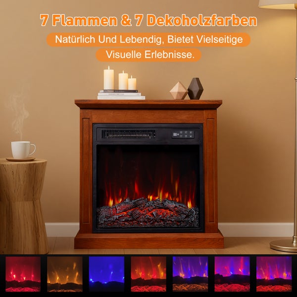 Elektrischer Kamin mit sieben Flammen und sieben Deko Holzfarben für vielfältige visuelle Erlebnisse.