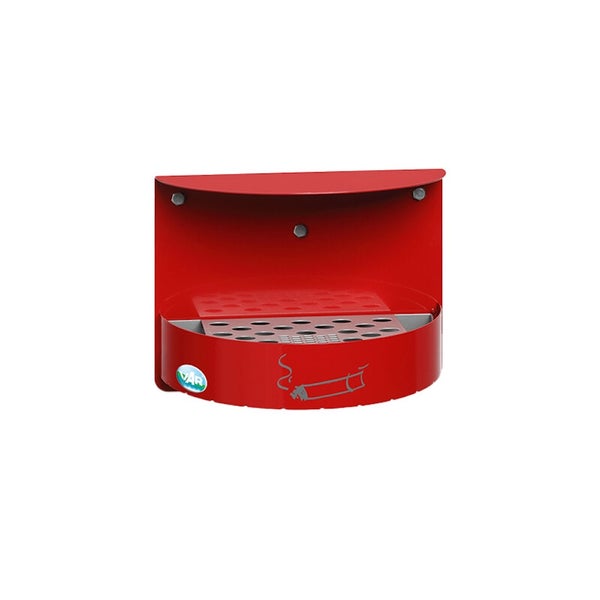 Roter Wandaschenbecher aus Metall mit Dach, Siebeinsatz, Zigarettensymbol und VAR Logo.