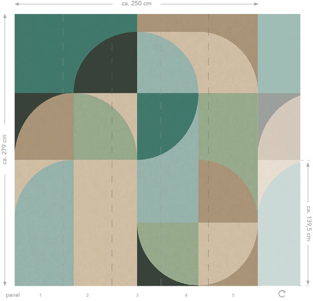 Tapetenpaneel mit geometrischem Muster und den Maßen circa 250 cm mal 279 cm.