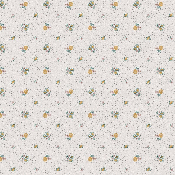 Tapete mit kleinteiligem Blumenmuster und Pünktchenmotiv im Landhausstil