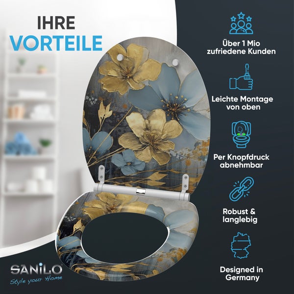 Sanilo WC Sitz mit Blumenmuster und Vorteilsübersicht