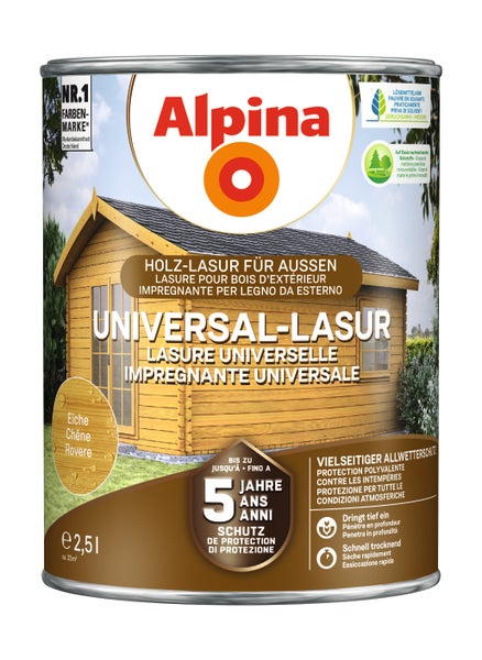 Alpina Universal-Lasur für außen in Eiche, 2,5 Liter Dose, bietet bis zu 5 Jahre Schutz, dringt tief ein und trocknet schnell.