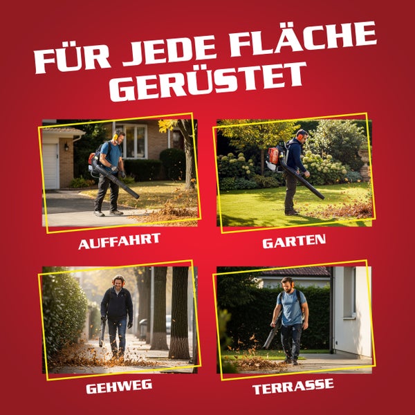 Für jede Fläche gerüstet: Laubbläser im Einsatz auf Auffahrt, Garten, Gehweg und Terrasse.