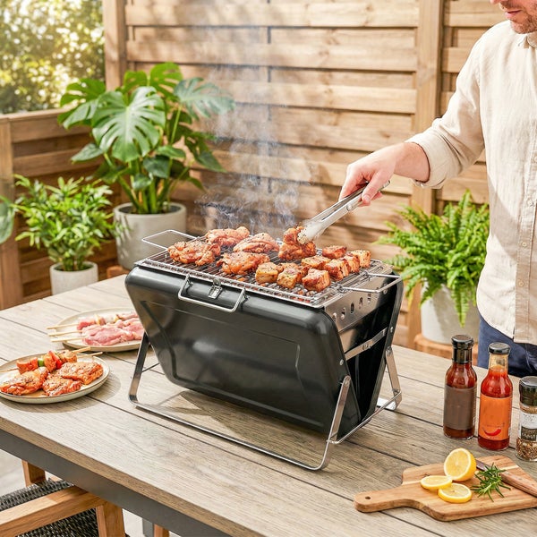 Tragbarer schwarzer Tischgrill aus Metall auf einem Holztisch im Garten, mit Fleisch, Saucen und Pflanzen im Hintergrund.