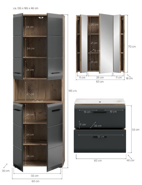 Maßzeichnung für ein Badezimmermöbel Set mit Hochschrank, Spiegelschrank und Waschbeckenunterschrank. Gesamtmaße circa 135 mal 185 mal 46 Zentimeter.