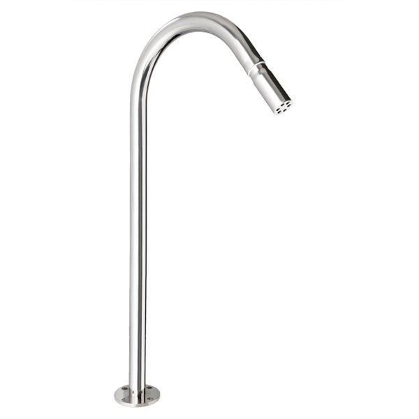 Gebogene Pool-Schwalldusche aus Edelstahl mit runder Bodenplatte und Strahldüse.