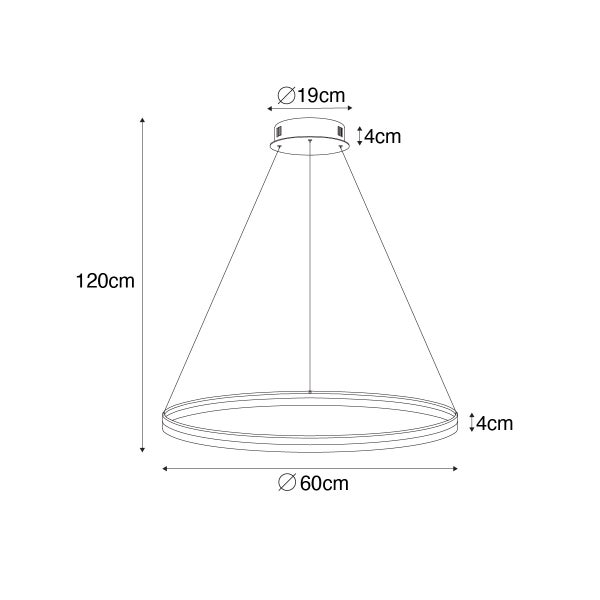Technische Zeichnung einer Pendelleuchte mit den Maßen 120 cm Höhe, 60 cm Durchmesser, 19 cm Durchmesser Deckenrosette und 4 cm Höhe.