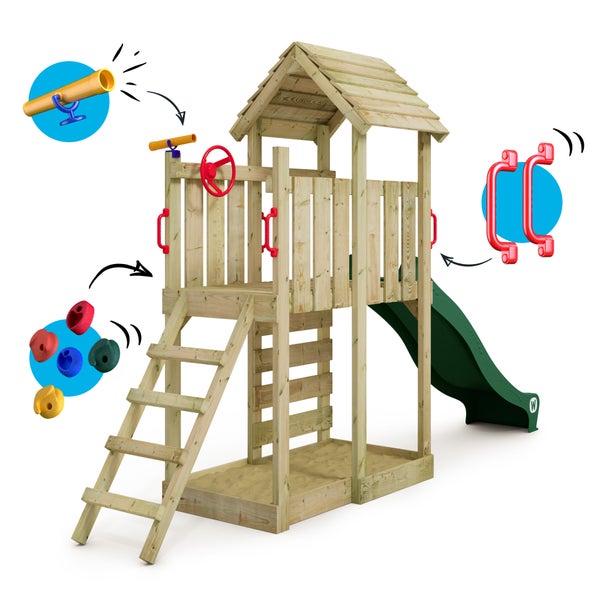 WICKEY Spielturm Klettergerüst JoyFlyer mit Rutsche, Kletterturm mit Sandkasten, Leiter und Spiel-Zubehör - grün