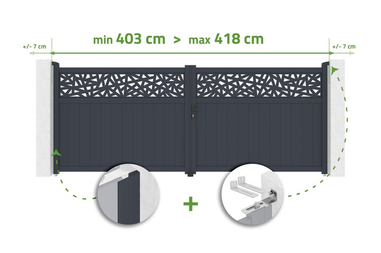 Doppelflügeliges Einfahrtstor aus Aluminium mit dekorativem Ausschnitt, verstellbare Breite zwischen 403 Zentimeter und 418 Zentimeter.