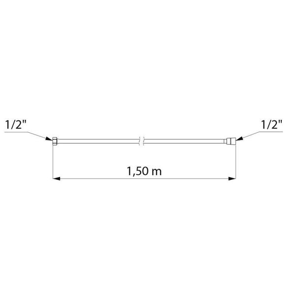 Technische Zeichnung eines Brauseschlauchs mit einer Länge von 1,50 Meter und beidseitigen 1/2 Zoll Anschlüssen.