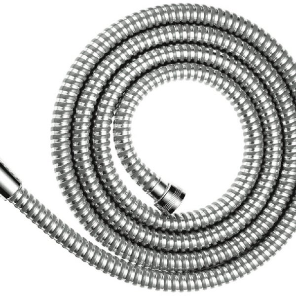 Flexibler Brauseschlauch aus Metall in silberner Chrom-Optik für die Dusche.