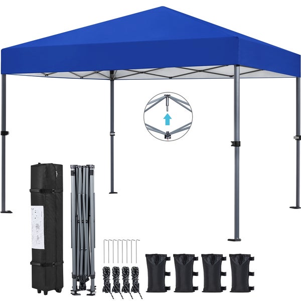 Blauer Faltpavillon mit Zubehör wie Heringen, Seilen und Sandsäcken