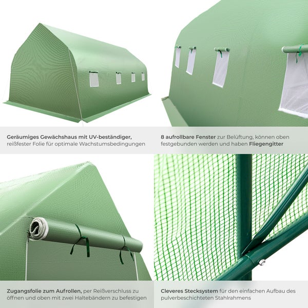 Detailansichten eines Folien-Gewächshauses mit aufrollbaren Fenstern mit Fliegengitter, Reißverschluss-Eingang und stabilem Stahlrahmen.