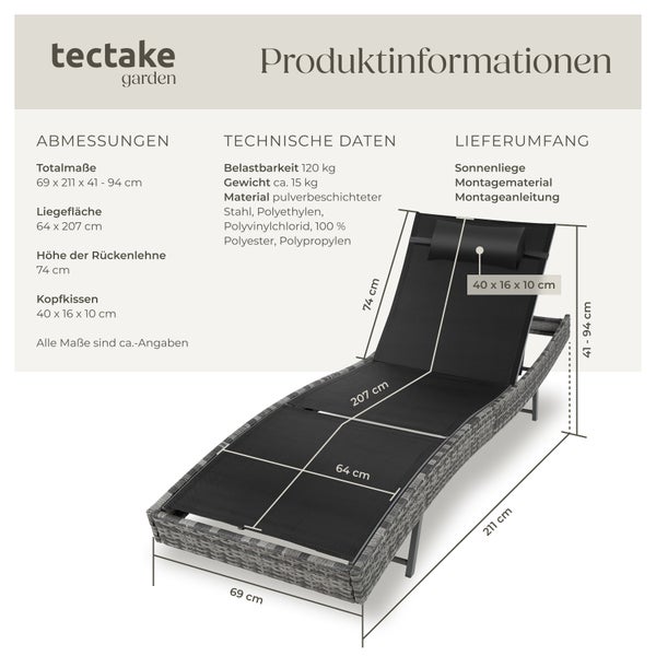 Rattan Sonnenliege tectake Moana 69 x 211 x 41 - 94 cm widerstandsfähig und UV-beständig grau-meliert