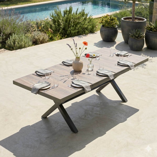 Gedeckter Gartentisch mit Tischplatte in Holzoptik und schwarzen X-Metallbeinen auf einer hellen Terrasse am Pool.