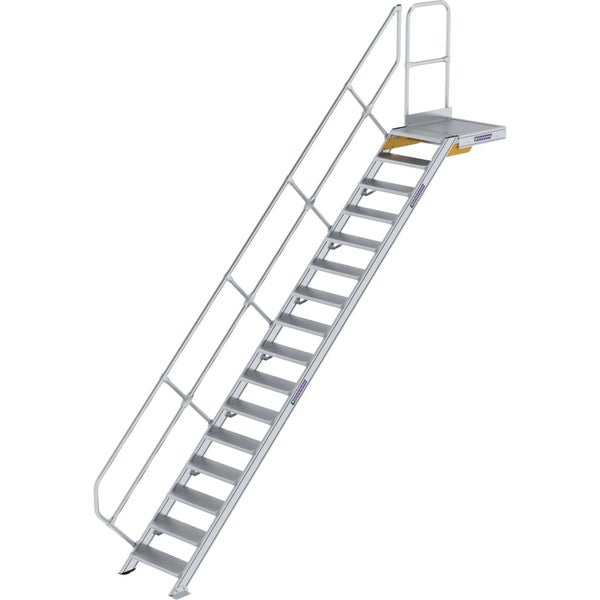 Stationäre Aluminium-Treppe mit einseitigem Handlauf und kleiner Plattform mit Geländer.