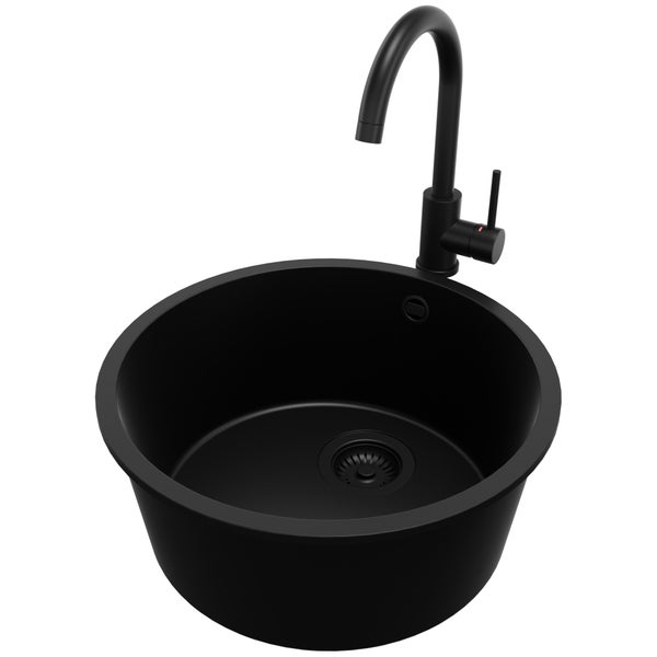 PRIMAGRAN Unterbauspüle Granit Alles Schwarz 46x46cm, Spülbecken 1 Becken + Küchenarmatur 32x20cm + Ablauf-Set, Granitspüle ab 50er Unterschrank - Valletta