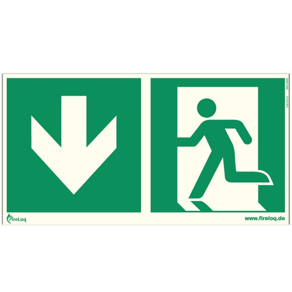 Rettungszeichen mit Pfeil nach unten und Symbol für Notausgang