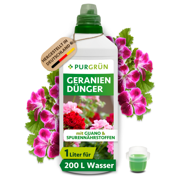 Purgrün Geraniendünger mit Guano und Spurennährstoffen in 1 Liter Flasche, hergestellt in Deutschland.