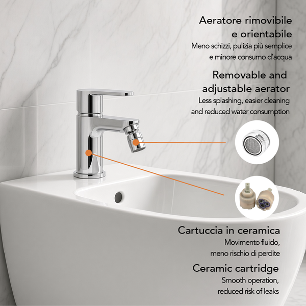 Bidetarmatur mit verstellbarem Luftsprudler und Keramikkartusche in einem modernen Badezimmer.