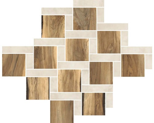 Dekorative Fliesen mit Holzoptik und Steinelementen