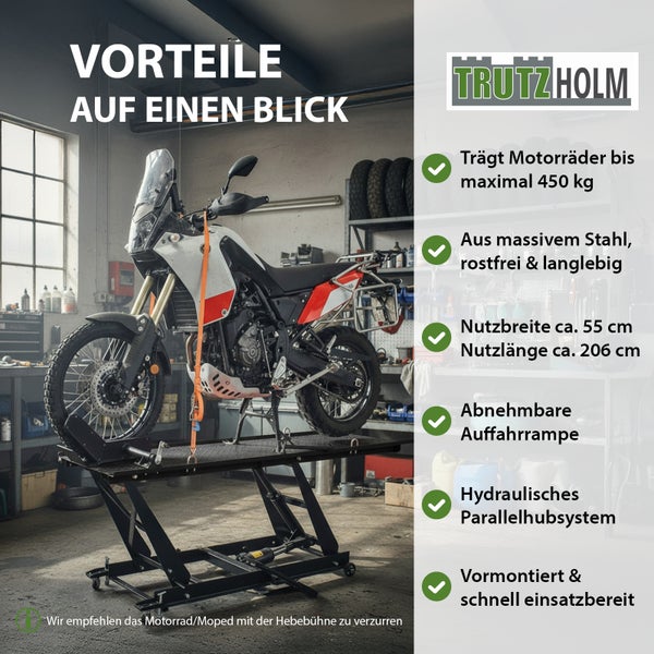 Motorrad auf Hebebühne mit Produktvorteilen und Trutzholm Logo