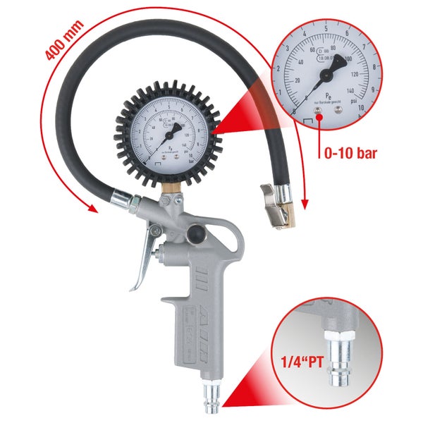 KS TOOLS Geeichter Druckluft-Reifenfüllmesser 0-10 bar - 515.1960